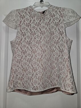 BCBGMaxAzria White Lace Overlay Blouse with Blush Lining
